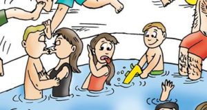 Cartoon of a Boy and Girl Kissing in a Pool